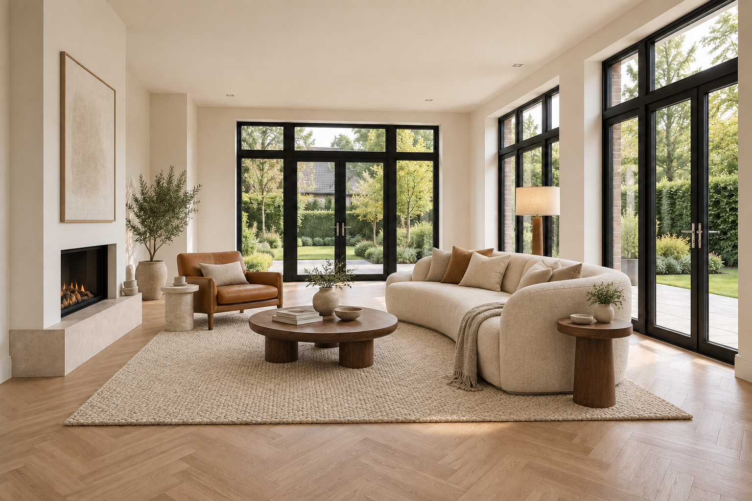 Artist impression van een warm en modern ingerichte woonkamer