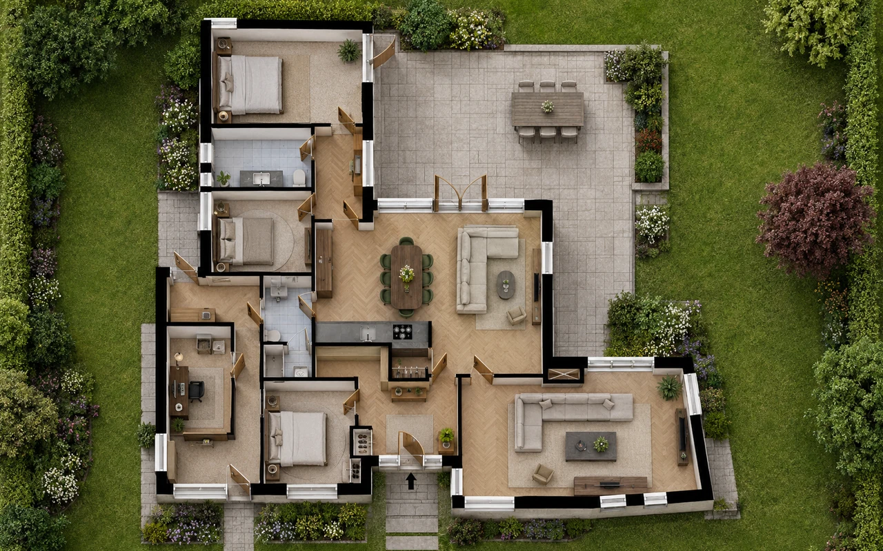 Ingerichte plattegrond met meubels en tuin
