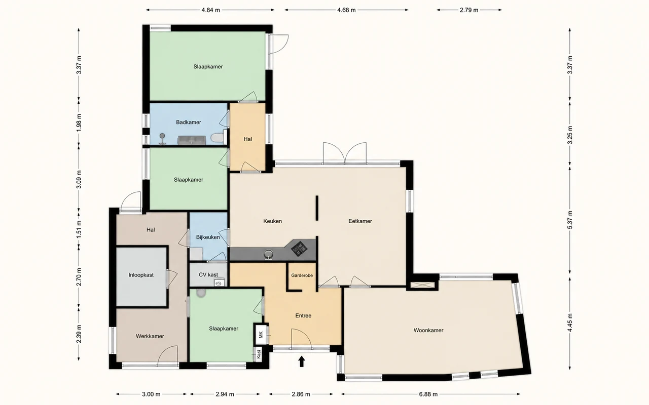 Plattegrond met zachte kleurvlakken per ruimte