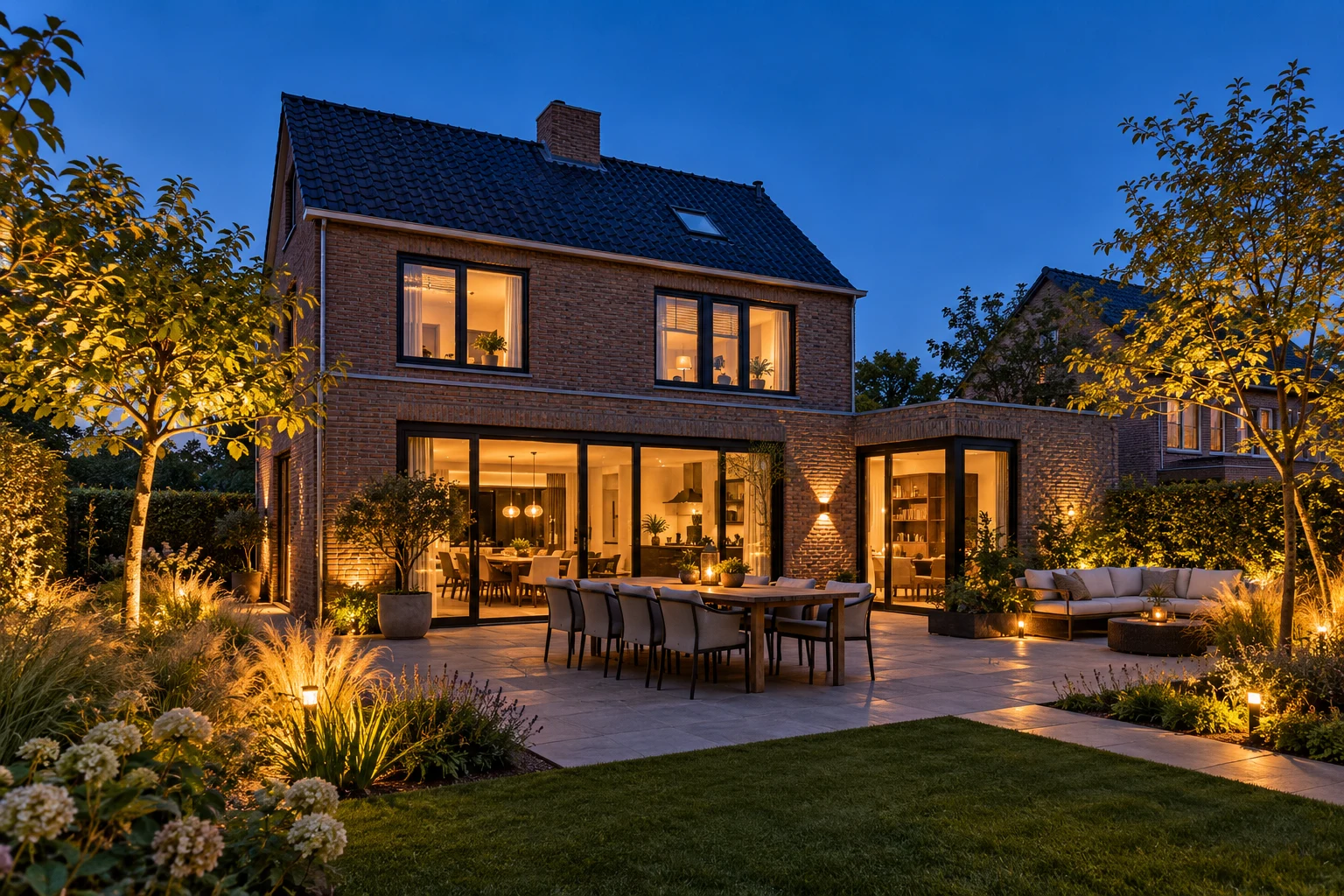 Woning bij schemering met warme binnenverlichting en sfeervol verlichte tuin